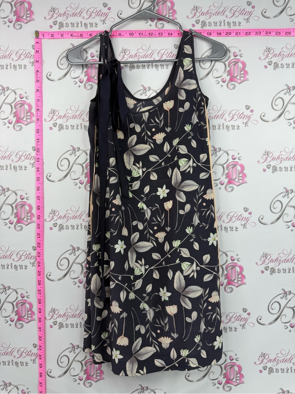 Club Monaco dress flowers ribbon tie up bow Black Floral Tank Dress